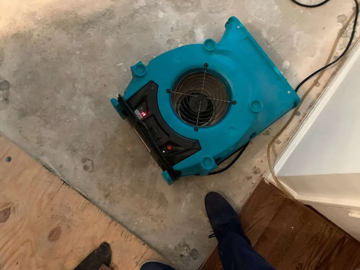 Air mover drying subfloor during Leak Detection & Repair in Flowery Branch